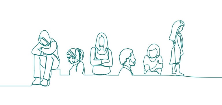 Lijntekening verschillende mensen op een rij